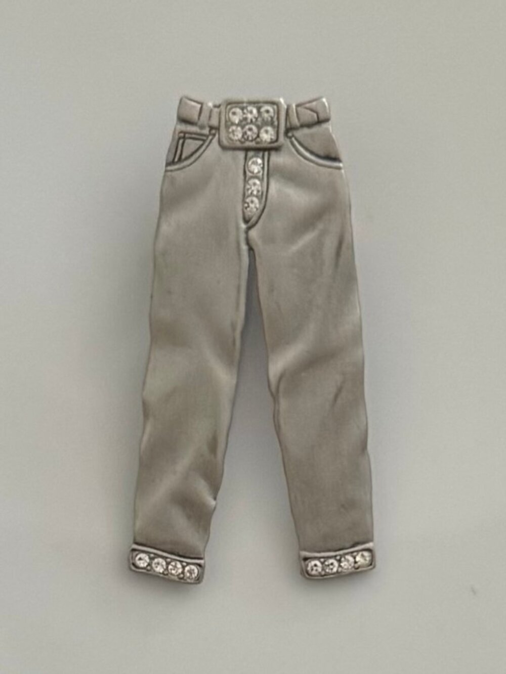 Vintage JJ Jonette Rhinestone Jeans Pants Brooch Silver Tone Figural Pin